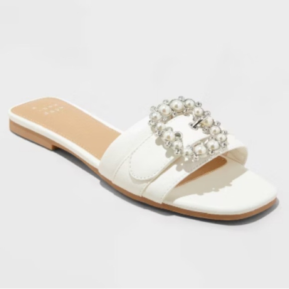 A New Day Kelsey Rhinestone Buckle Slide Sandals - White  Cream Size 10 NEW